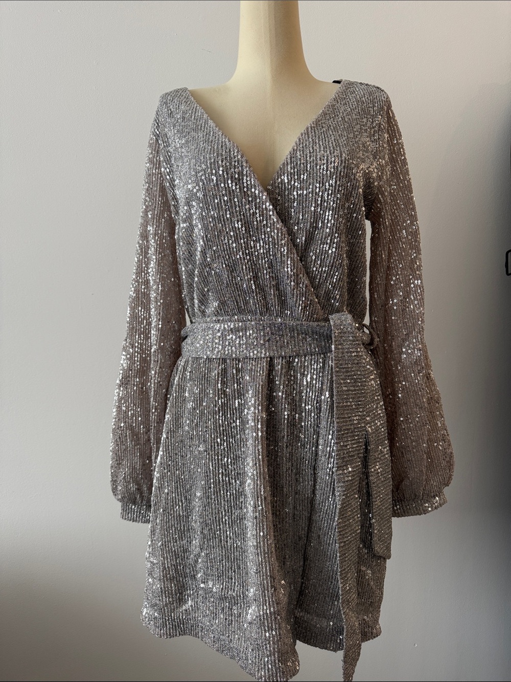 Sequinned Wrap Mini Dress in Silver